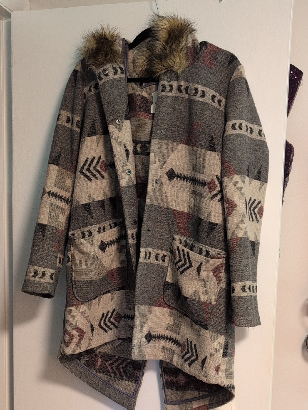 BB Dakota Aztec Hooded Shacket with Faux Fur Trim on Hood
